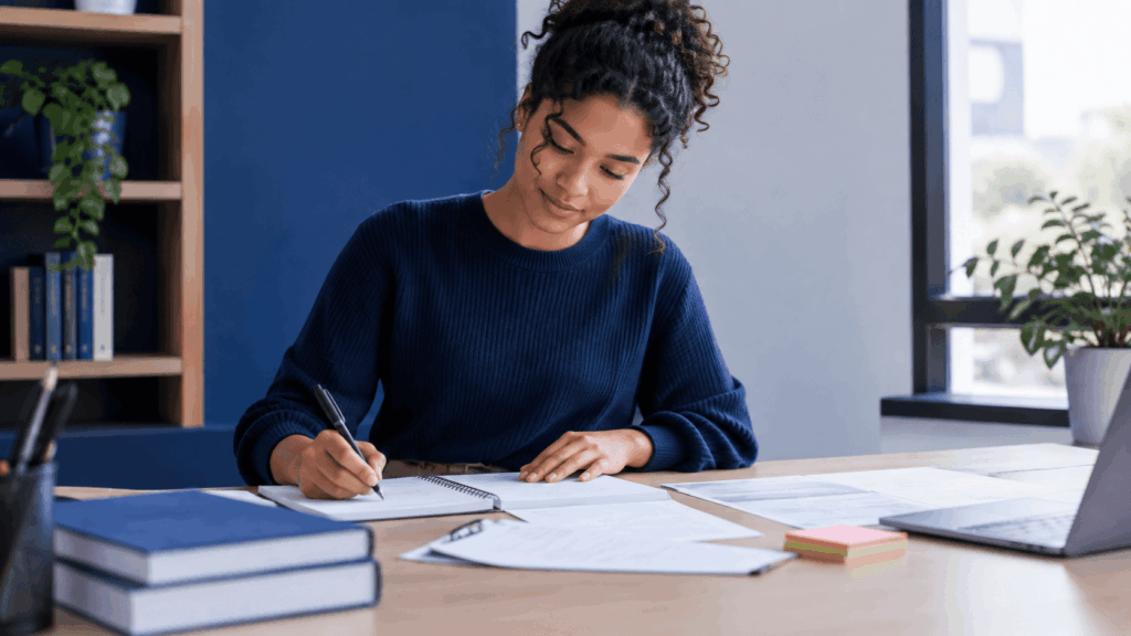 A cena representa uma estudante se preparando para começar uma redação, organizando ideias antes de escrever. O ambiente de estudo destaca concentração, planejamento e construção do primeiro parágrafo. A composição traduz visualmente o processo de como começar uma redação de forma simples, humana e profissional