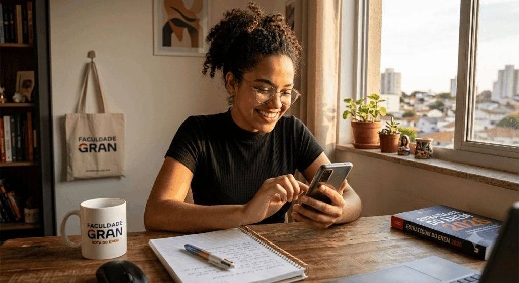 mulher sorrindo usando o celular para procurar sobre como usar a nota do enem