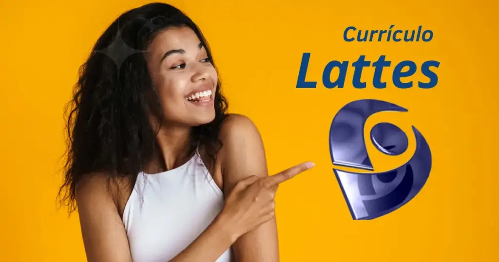 Mulher apontando para o símbolo do Currículo Lattes em fundo amarelo