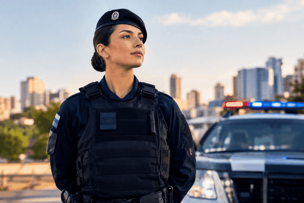 A imagem mostra uma policial militar uniformizada em destaque, com uma viatura ao fundo. A composição representa visualmente os requisitos e a rotina de quem deseja saber como ser policial militar. O cenário urbano reforça a relação entre a profissão, o serviço público e a atuação na segurança da sociedade.