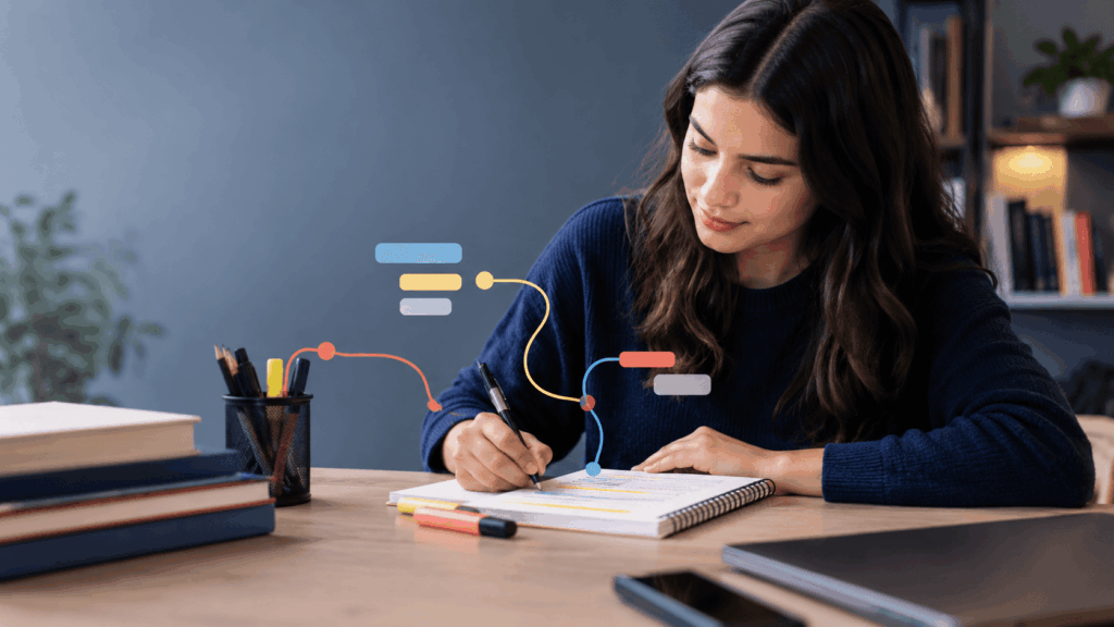 A cena mostra uma estudante organizando suas ideias enquanto escreve e revisa anotações para a prova. Elementos gráficos conectam visualmente diferentes partes do estudo, representando a função dos conectivos na redação do ENEM. A composição é humana, profissional e relacionada ao universo de preparação para o exame.