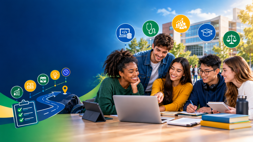 Grupo de estudantes compara opções de cursos de faculdade em um laptop, com símbolos de tecnologia, saúde, gestão, educação e Direito ao fundo.

