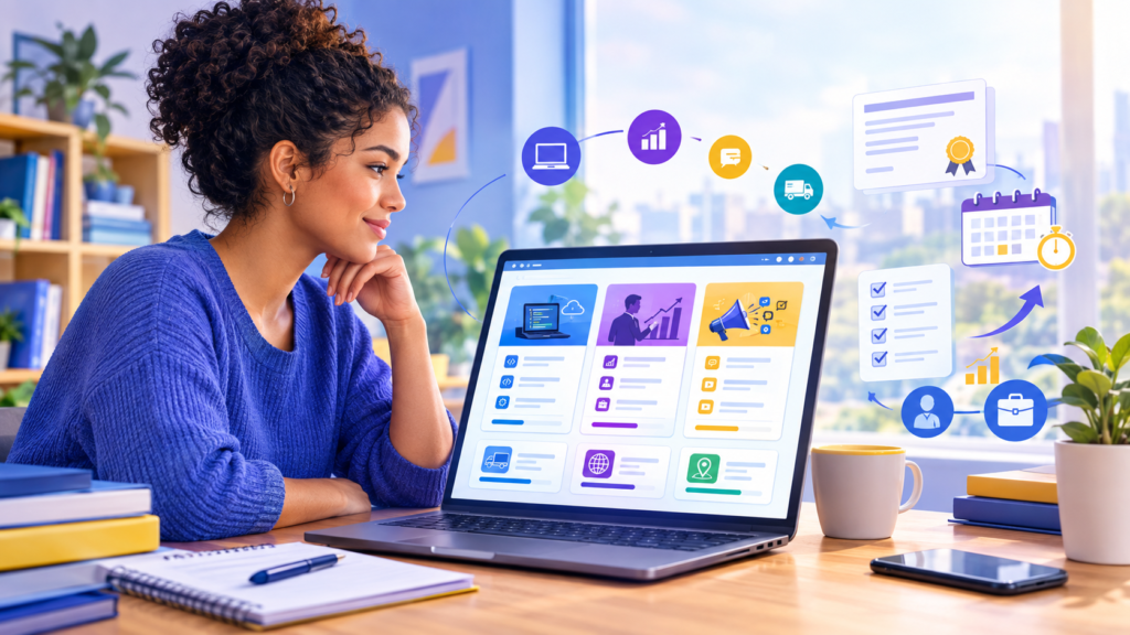 Estudante analisando opções de cursos tecnólogos em um ambiente digital de aprendizagem.