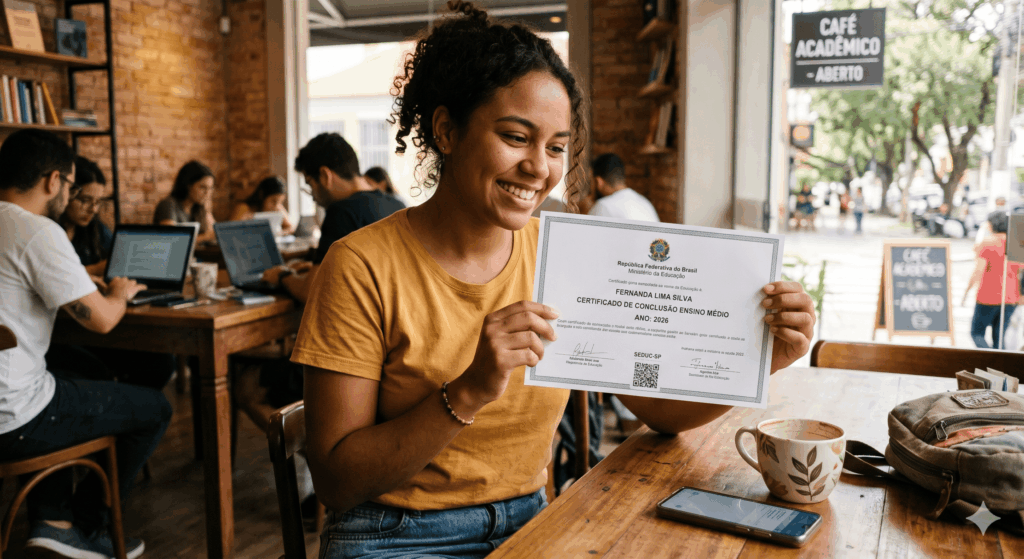 mulher sentada em frente a uma mesa segurando um certificado de conclusao ensino medio