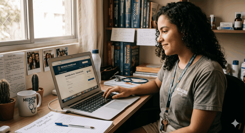 mulher olhando para computador para um texto sobre inscricao enamed 2026 abertas