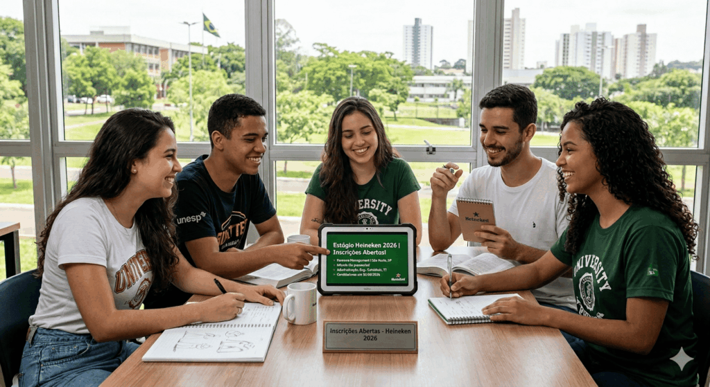 pessoas reunidas em volta da mesa com tablet sobre estagio heineken