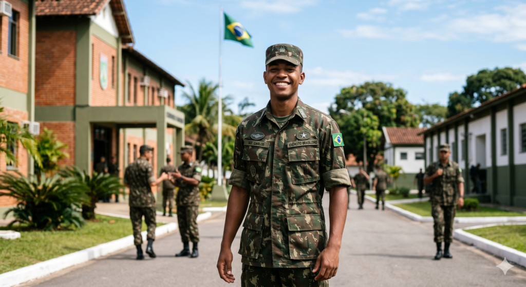 jovem brasileiro vestindo a farda do exército em um quartel