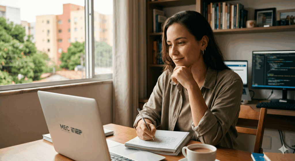 mulher olhando para tela do computador lendo matéria sobre se O EAD não vai acabar