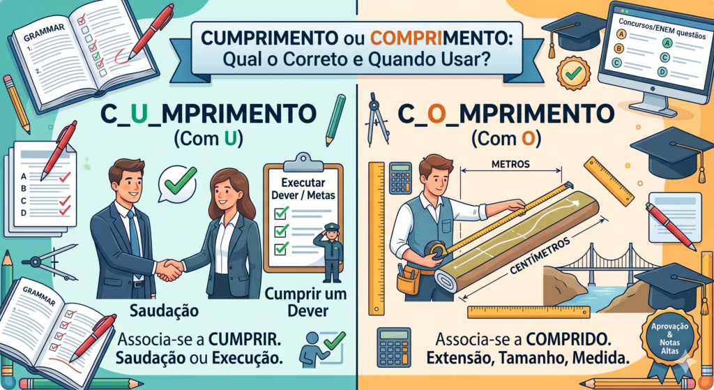 na imagem distingue-se o termo cumprimento de comprimento, com exemplos claros para melhor diferenciar cada um