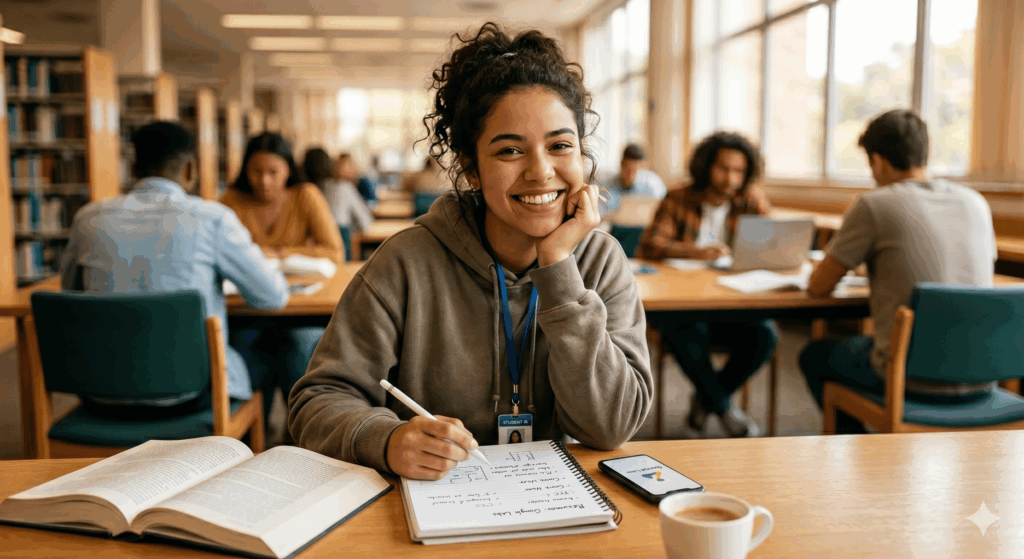 mulher sorrindo com caneta e livros em cima da mesa e pensando em como usar o google labs para estudar