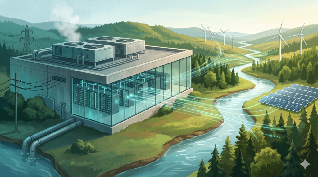 a imagem ilustra um modelo ideal de data center de IA, que pode ajudar a reduzir os danos aos recursos do meio ambiente