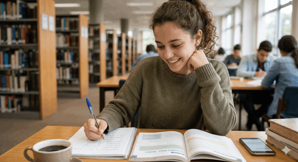 mulher estudando com livros sobre o que é o verbo infinitivo
