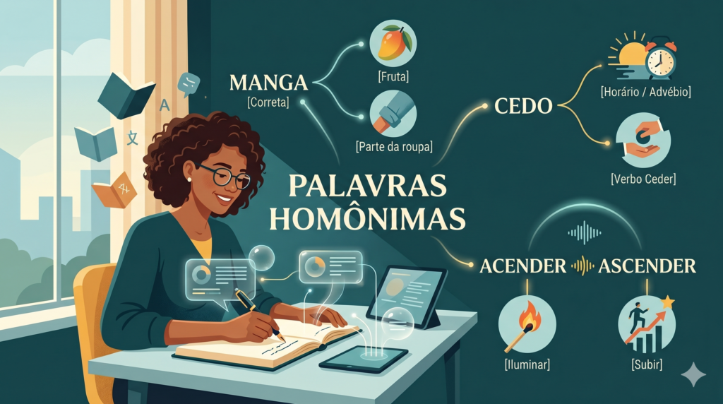 a imagem mostar uma mulher estudando e esclarecendo conhecimentos em palavras homonimas comuns presentes no dia a dia