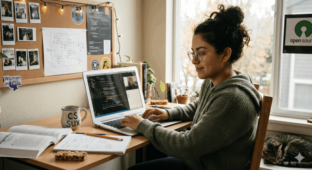 mulher no computador checando informações sobre tecnologo de um ano e meio