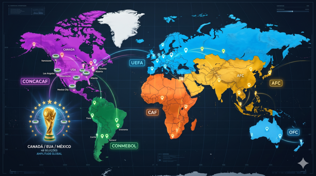 A imagem mostraum mapa global com destaque para a divisão continental das seleções, usando cores diferentes por região ou áreas levemente demarcadas para facilitar a leitura visual. Elementos de futebol aparecem como pequenas conexões entre países, marcações sobre o mapa e referências à expansão do torneio.
