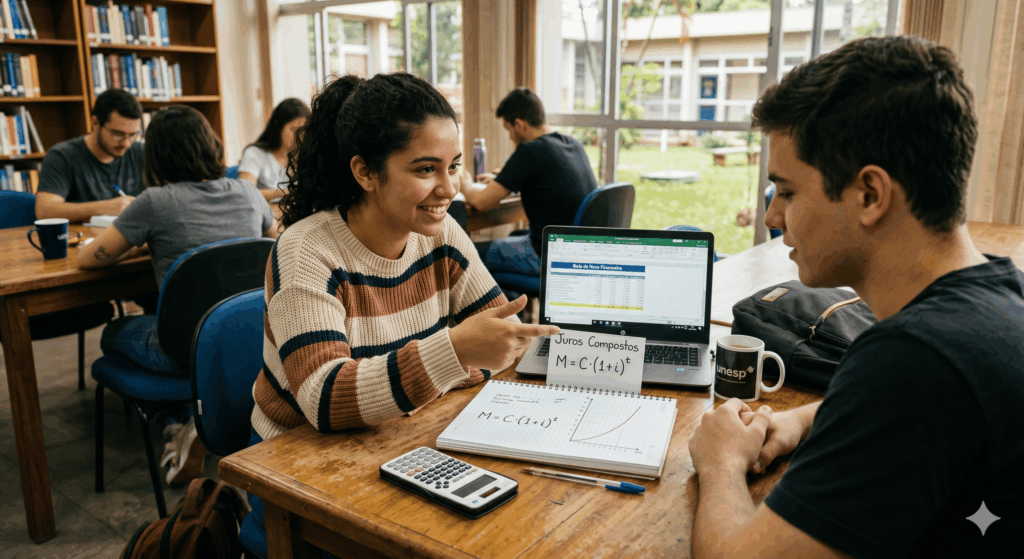 alunos conversando sobre juros compostos