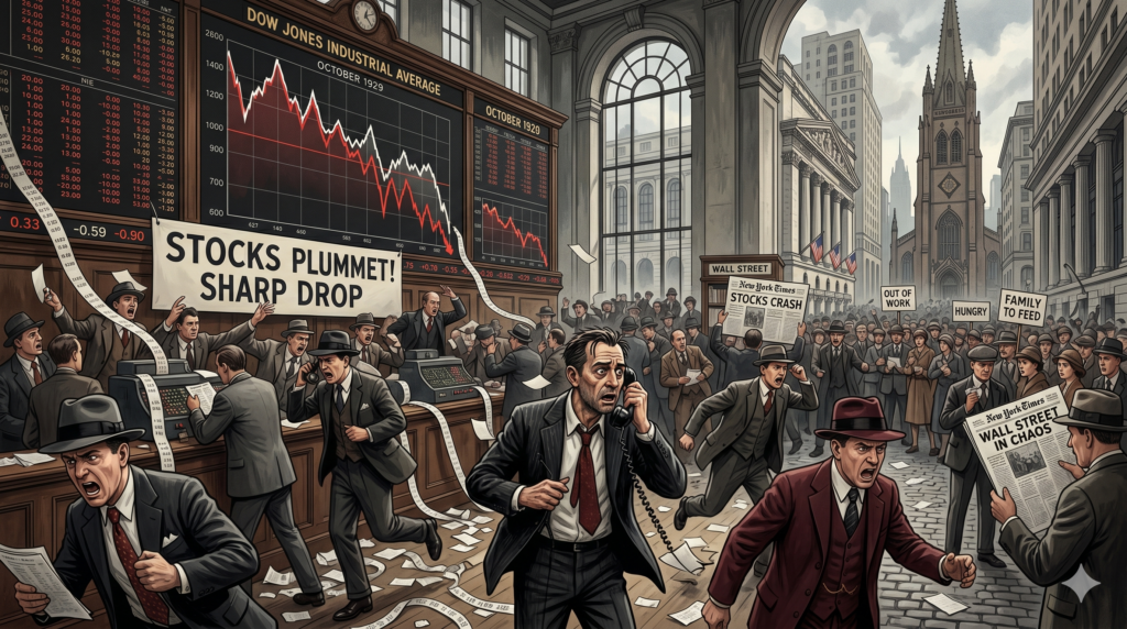 Ilustração sobre a Crise de 1929 com bolsa de valores em colapso, gráficos em queda e impacto da crise econômica mundial