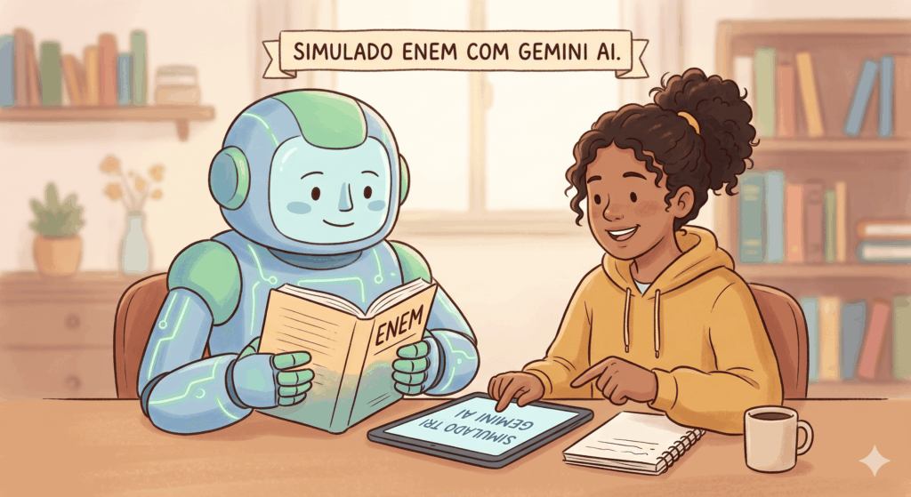 arte em desenho de menina e robô representando a inteligencia artificial estudando juntos simulados para o Enem