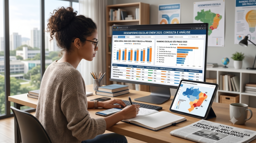 jovem faz pesquisa de microdados de desempenho das escolas do Enem 2025