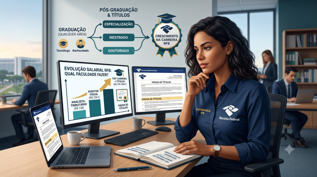 mulher procura informações de cursos de graduação e pós para o concurso da Receita Federal