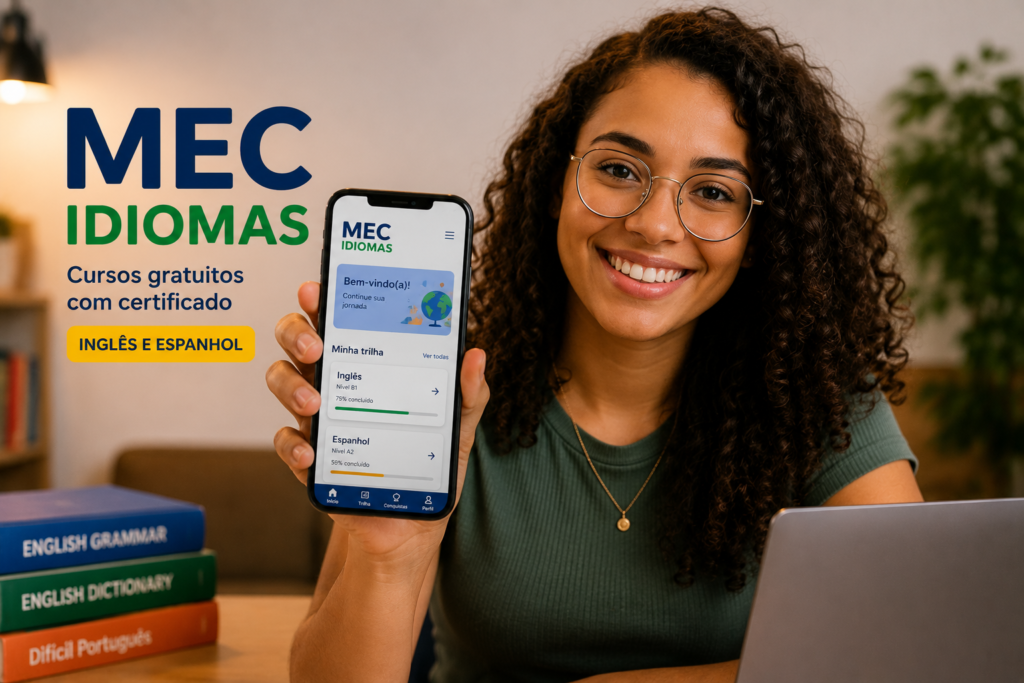 jovem estuda espanhol e inglês pelo aplicativo do MEC idiomas