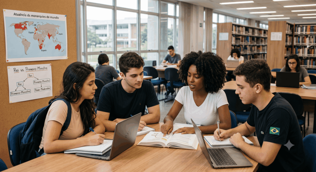 alunos sentados conversando sobre a monarquia constitucional
