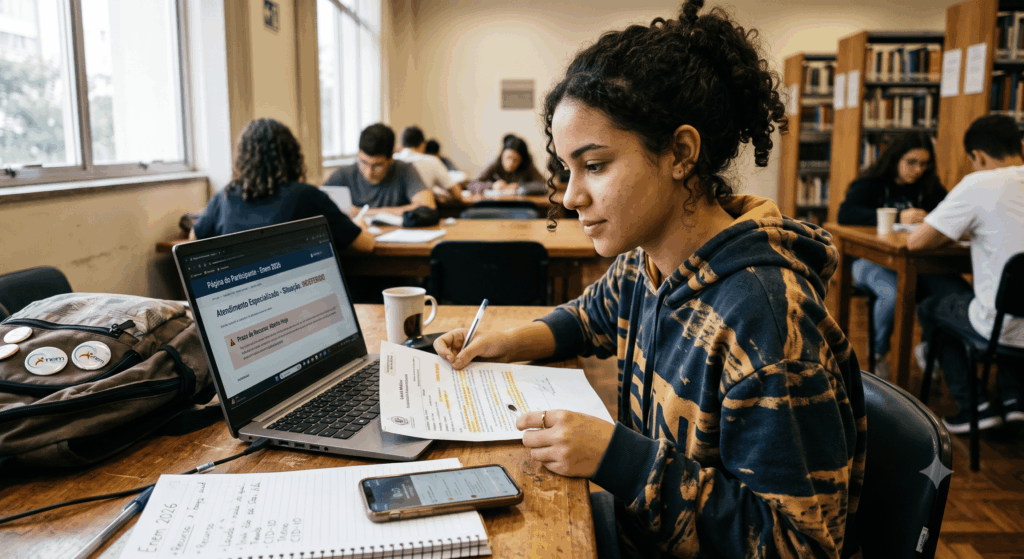 mulher no computador buscando sobre recurso do atendimento especializado enem 2026