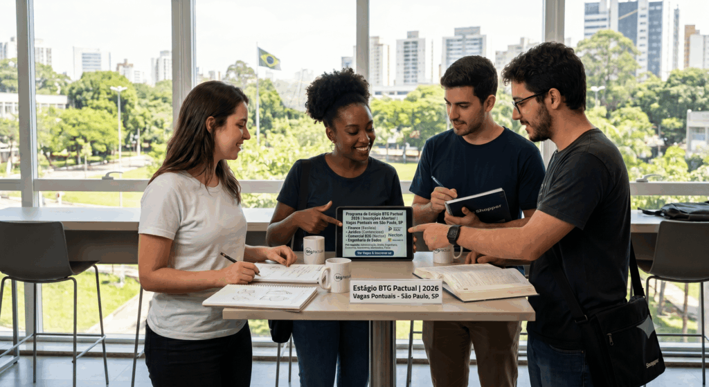 jovens reunidos em volta da mesa conversando sobre o estagio btg pactual 2026
