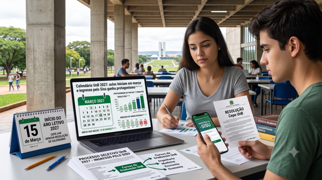 A imagem retrata a Universidade de Brasília, o contexto de ingresso no ensino superior público e a organização acadêmica para 2027, com foco em estudantes planejando o futuro, calendário, seleção por nota do Enem e ambiente universitário.