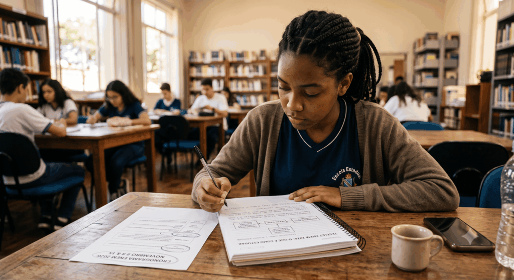 menina sentada na escola resolvendo questões testlets Enem 2026
