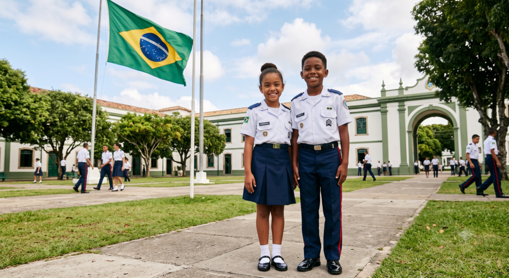 duas crianças fardadas em um colégio militar