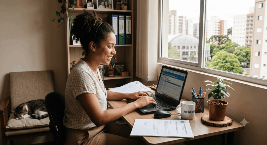 mulher trabalhando no computador em home office no setor publico