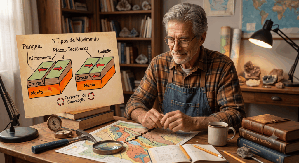 homem sentado olhando mapa do mundo sobre placas tecntonicas
