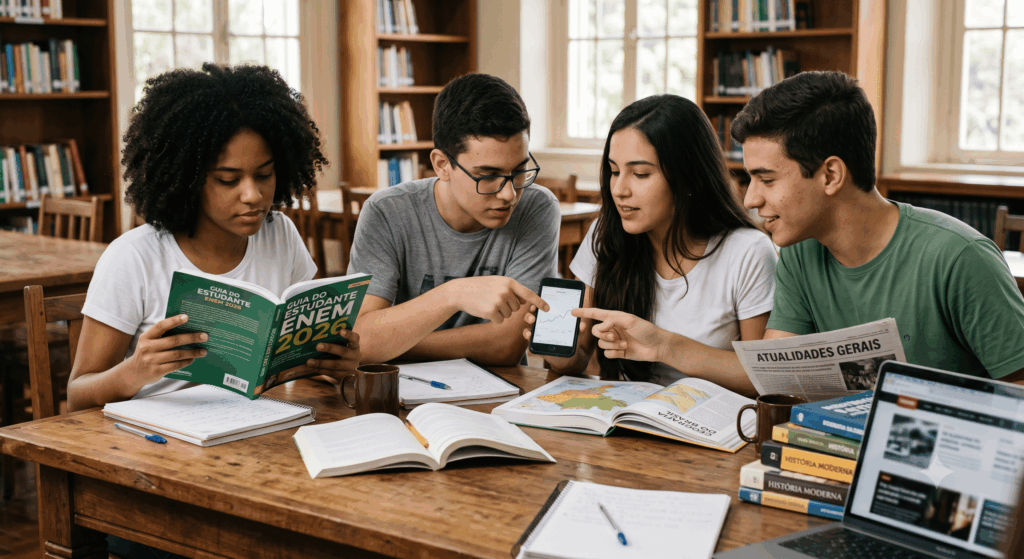 quatro estudantes do ensino médio em volta da mesa discutindo sobre acontecimentos de 2026 que podem cair na prova do Enem 2026