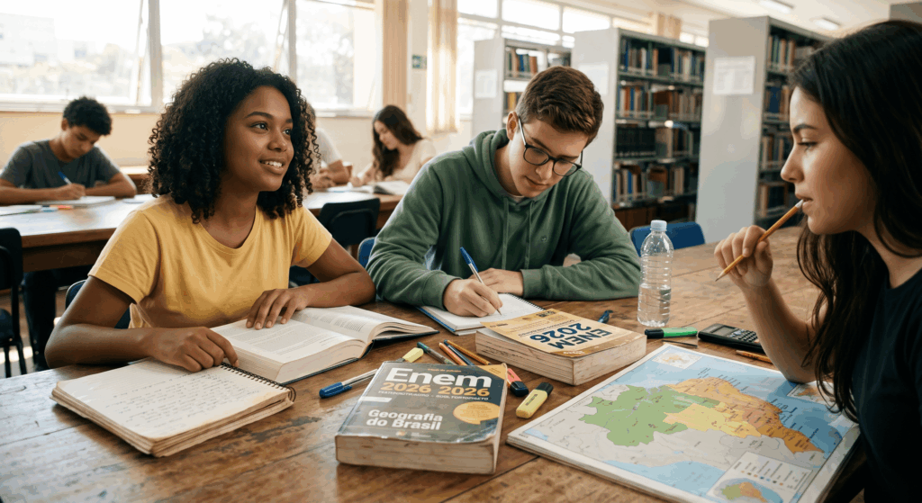 três alunos reunidos em mesa estudando para o enem 2026 que teve mais de 5 milhões de inscritos