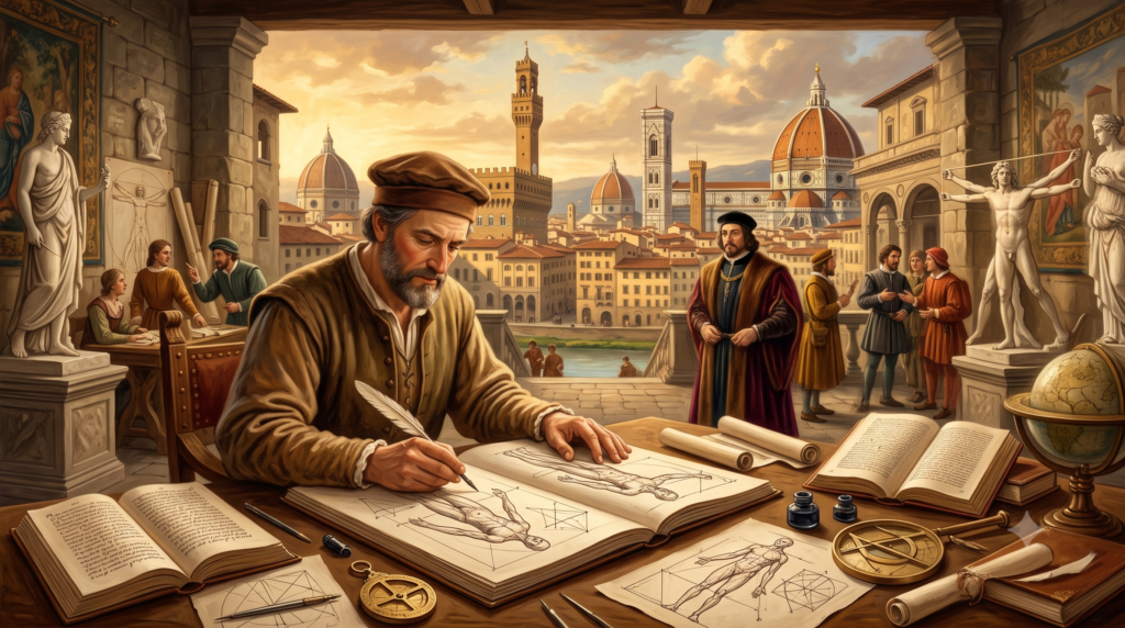 Ilustração editorial sofisticada sobre o Renascimento Cultural na Europa entre os séculos XIV e XVI, mostrando a transição da Idade Média para a Idade Moderna.