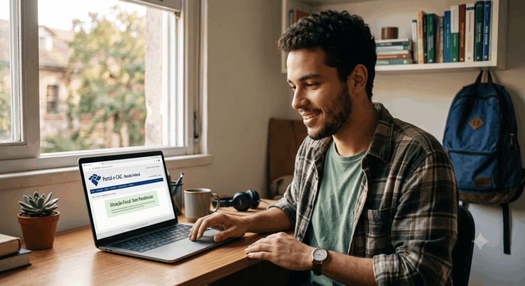 homem no computador pesquisando se está devendo imposto de renda