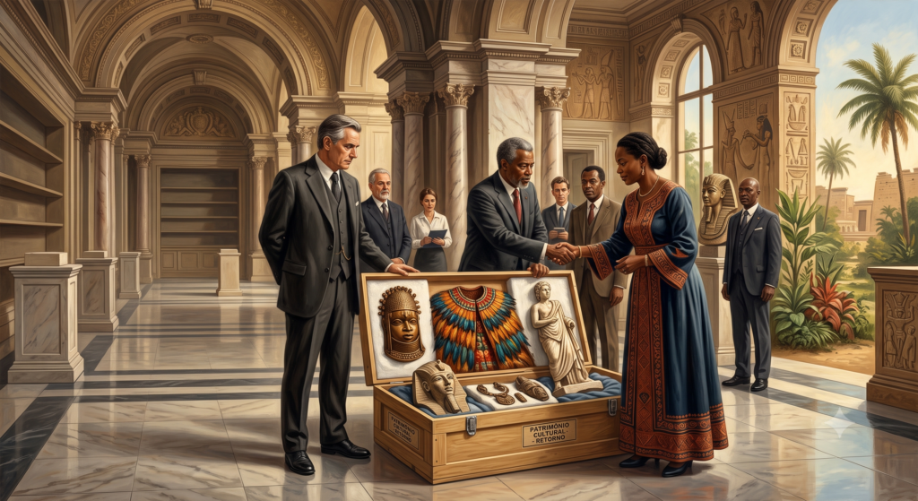 Ilustração editorial realista e sofisticada sobre a repatriação de obras de arte, mostrando o debate entre grandes museus europeus e países de origem de patrimônios históricos.