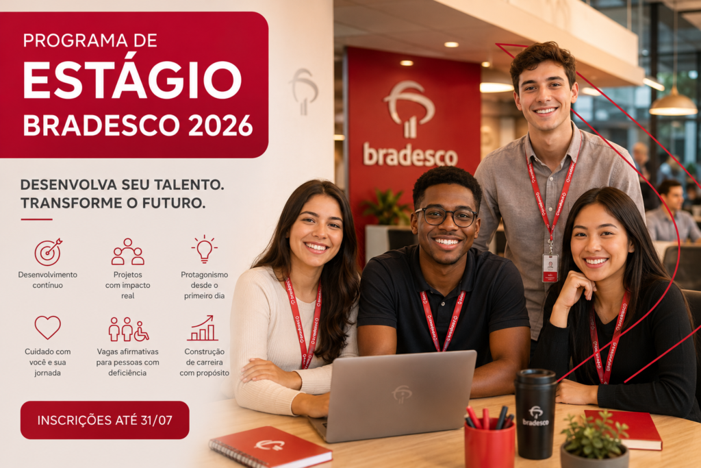 imagem retrata estagiários do bradesco, e demais informações relacionadas ao processo seletivo