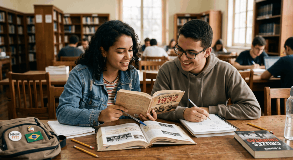 mulher e homem estudantes estudando sobre a revolução constitucionalista em livros