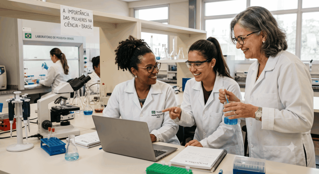 três cientistas trabalhando em laboratorio para melhorar a estatistica de mulheres na ciencia