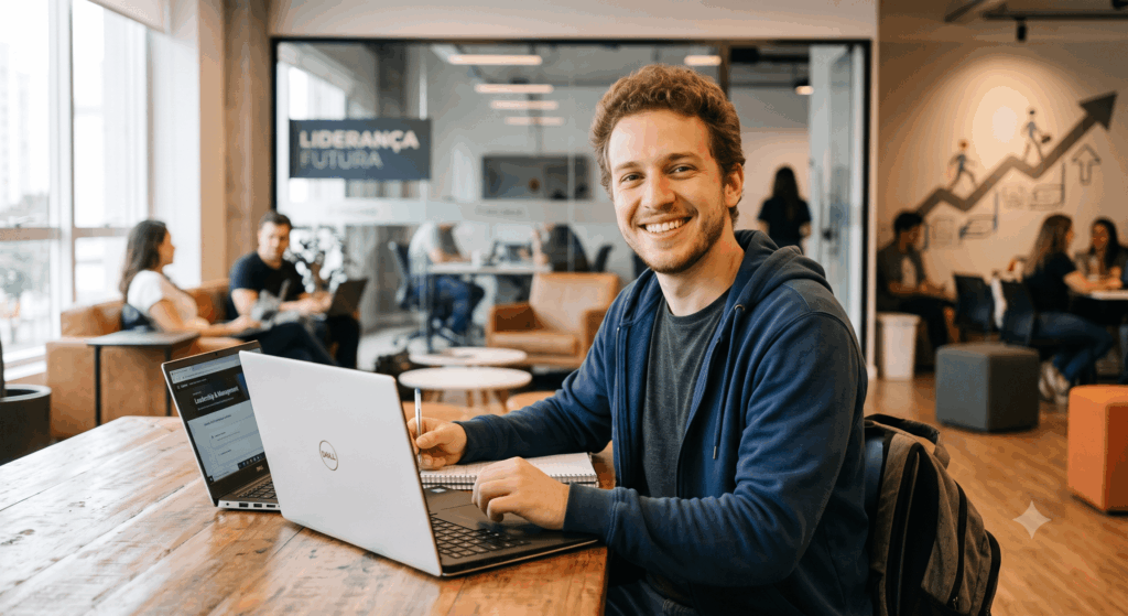 homem sentado usando notebook pesquisando sobre qual pós graduação fazer para ser líder no mercado