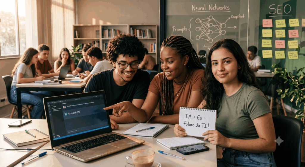 jovens reunidos com computador e livros pesquisando sobre IA e o mercado de TI