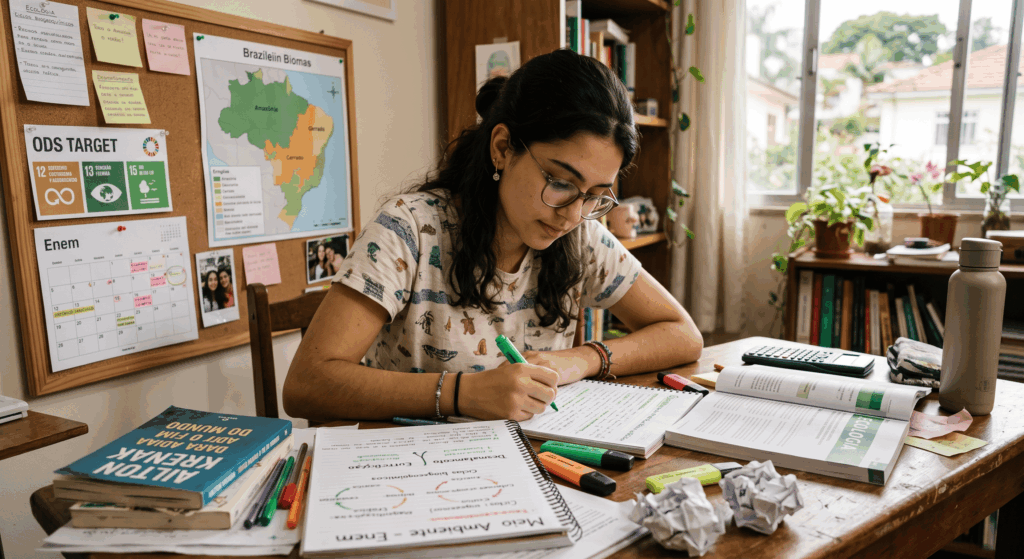 menina estudando com livros e escrevendo sobre meio ambiente no enem
