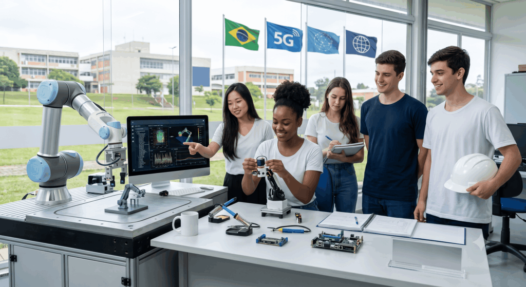 estudantes reunidos em sala com computadores pesquisando sobre trainee rsm