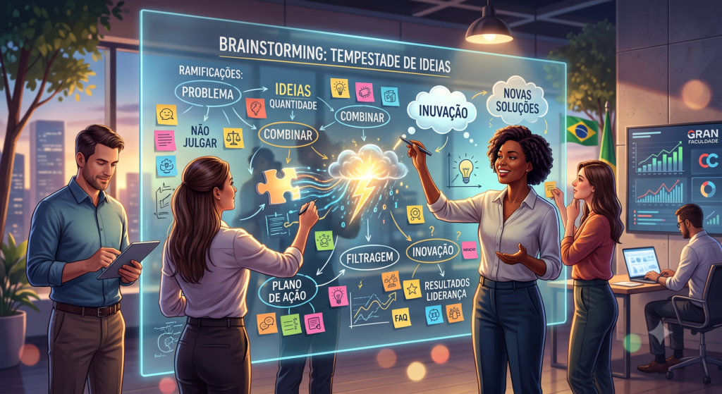 imagem retrata uma seção de brainstorming em uma empresa