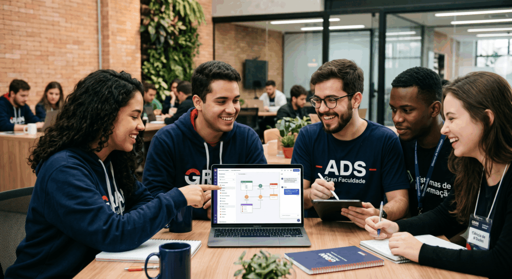quatro alunos reunidos em volta da mesa discutindo sobre low code e carreiras em ti