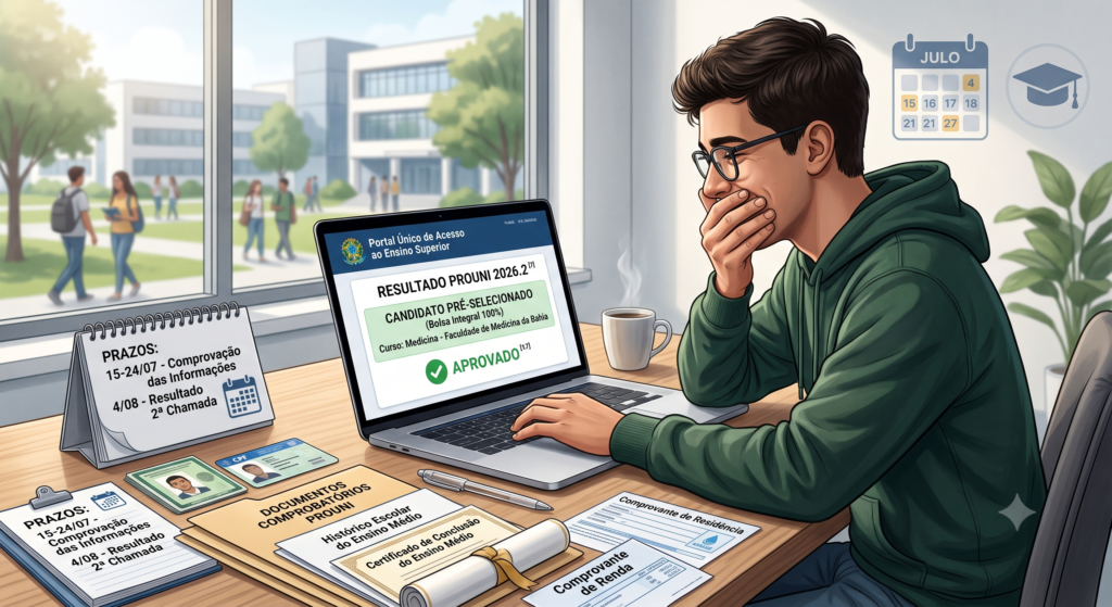 estudante jovem consultando a aprovação em um notebook ou celular no portal oficial de acesso ao ensino superior, expressão de alívio e expectativa