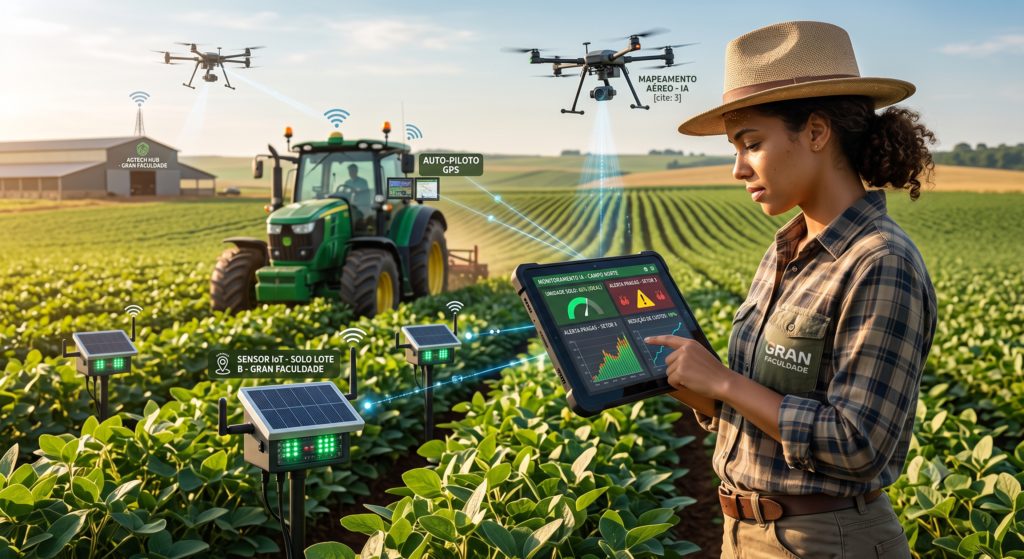 Cena de Agtech no campo, com produtor usando tablet, drones monitorando lavoura, sensores IoT no solo, tratores com GPS, dashboards agrícolas e clima de inovação, eficiência, sustentabilidade e redução de custos no agronegócio.