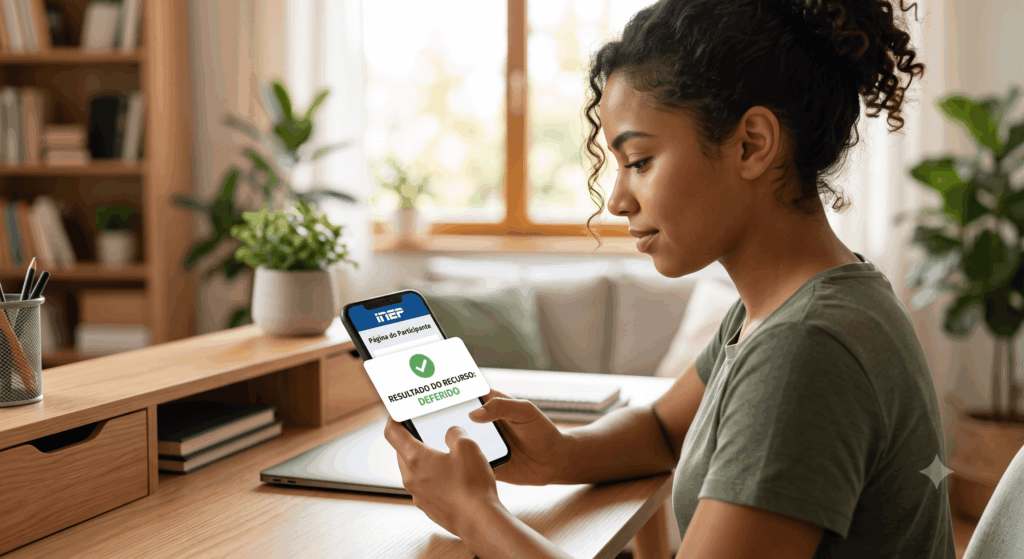 mulher no celular vendo que saiu o resultado dos recursos de atendimento do enem 2026